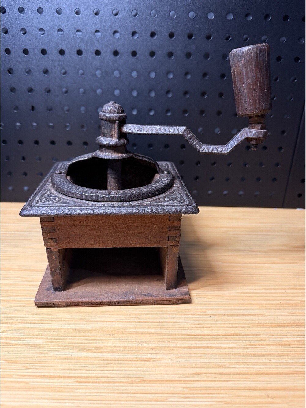 Antique Coffee Grinder Wood Box Cast Iron Hand Crank Floral Embossed